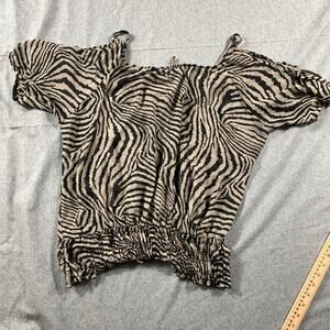 LIBIAN Zebra Stripe Tops Blouse Women Small Short Sleeve Brown Shirt